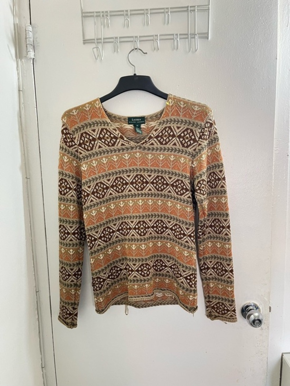 Lauren Ralph Lauren Women's V-Neck Fair Isle Sweater in Tan and Brown